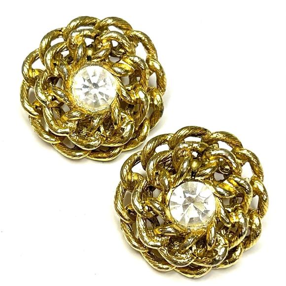 Vintage Clip Earrings Clear Rhinestone Gold Tone Estate Costume Jewelry F024 - Picture 1 of 5